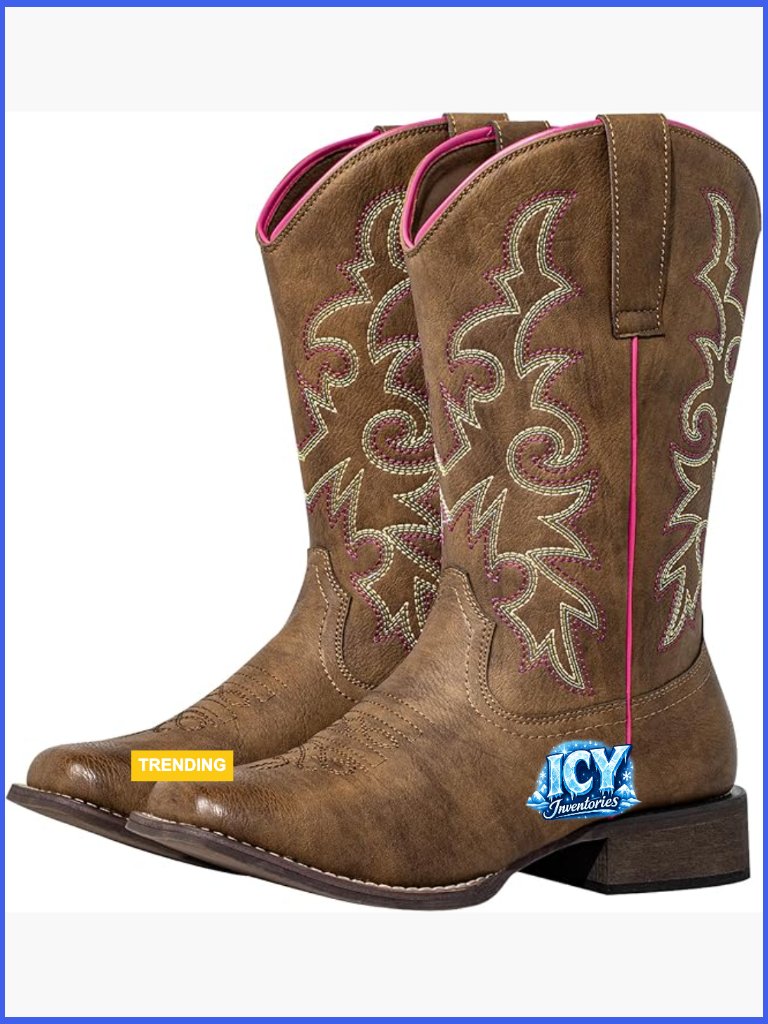 Extra Wide Calf Cowboy Boots Square Toe Faux Leather Embroidered Pull-On